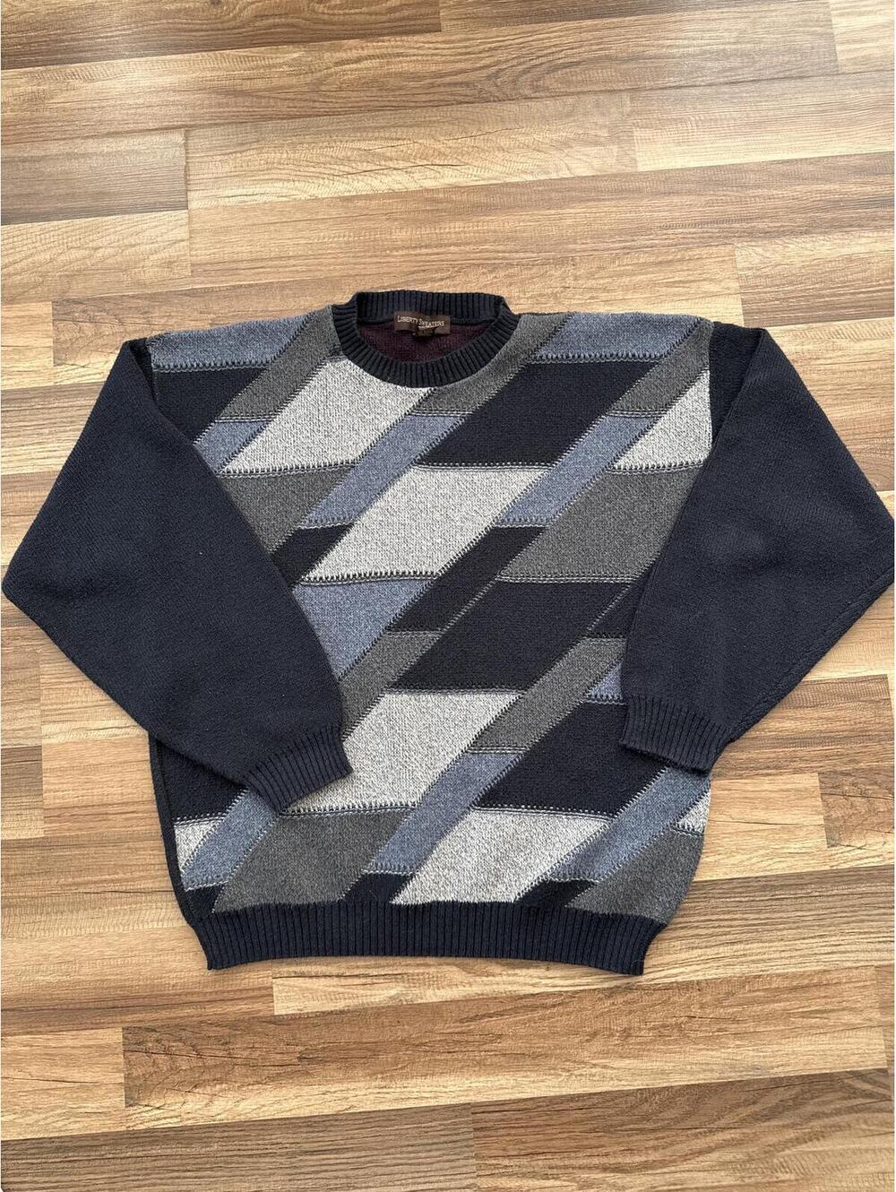 Vintage 90's Liberty Sweaters Geometric XL Gray Black Dadcore Grandpa Chic